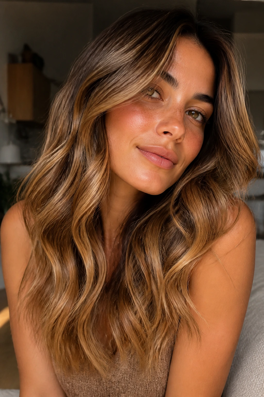 Portrait of olive-skinned person with toasted hazelnut balayage around the face.