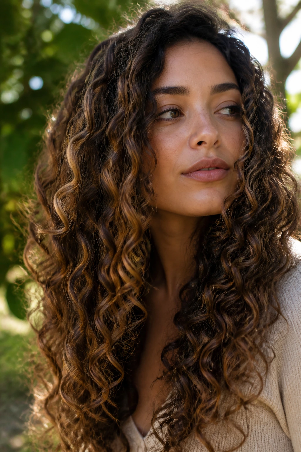 Portrait of a person with long curls featuring hazelnut bands
