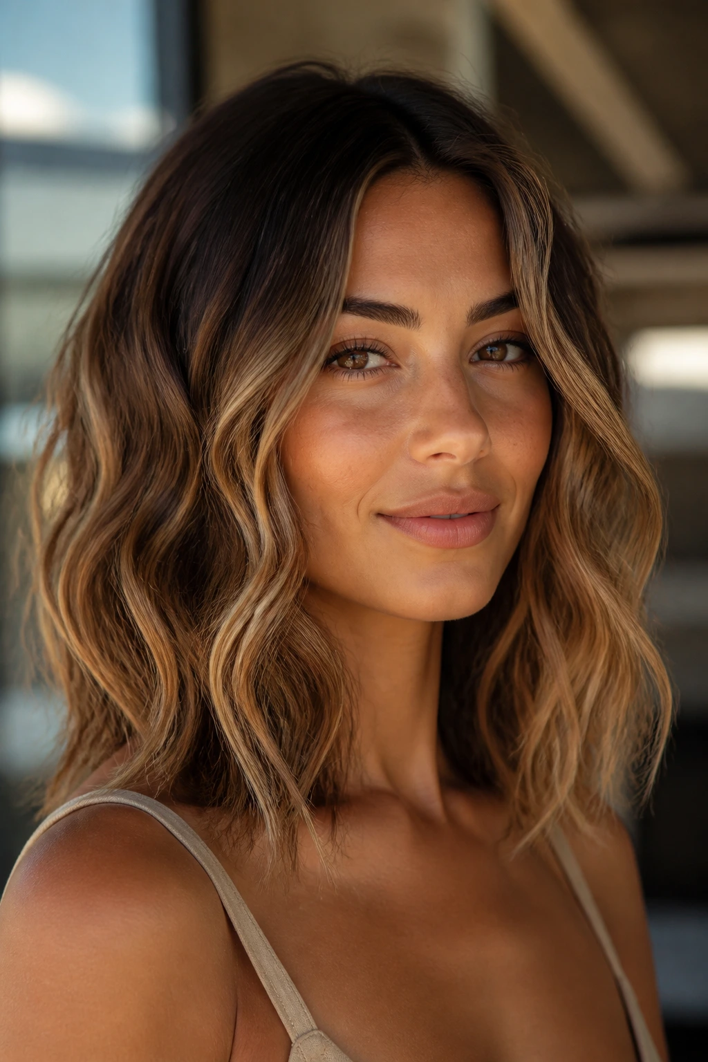 Portrait of woman with hazelnut beach waves