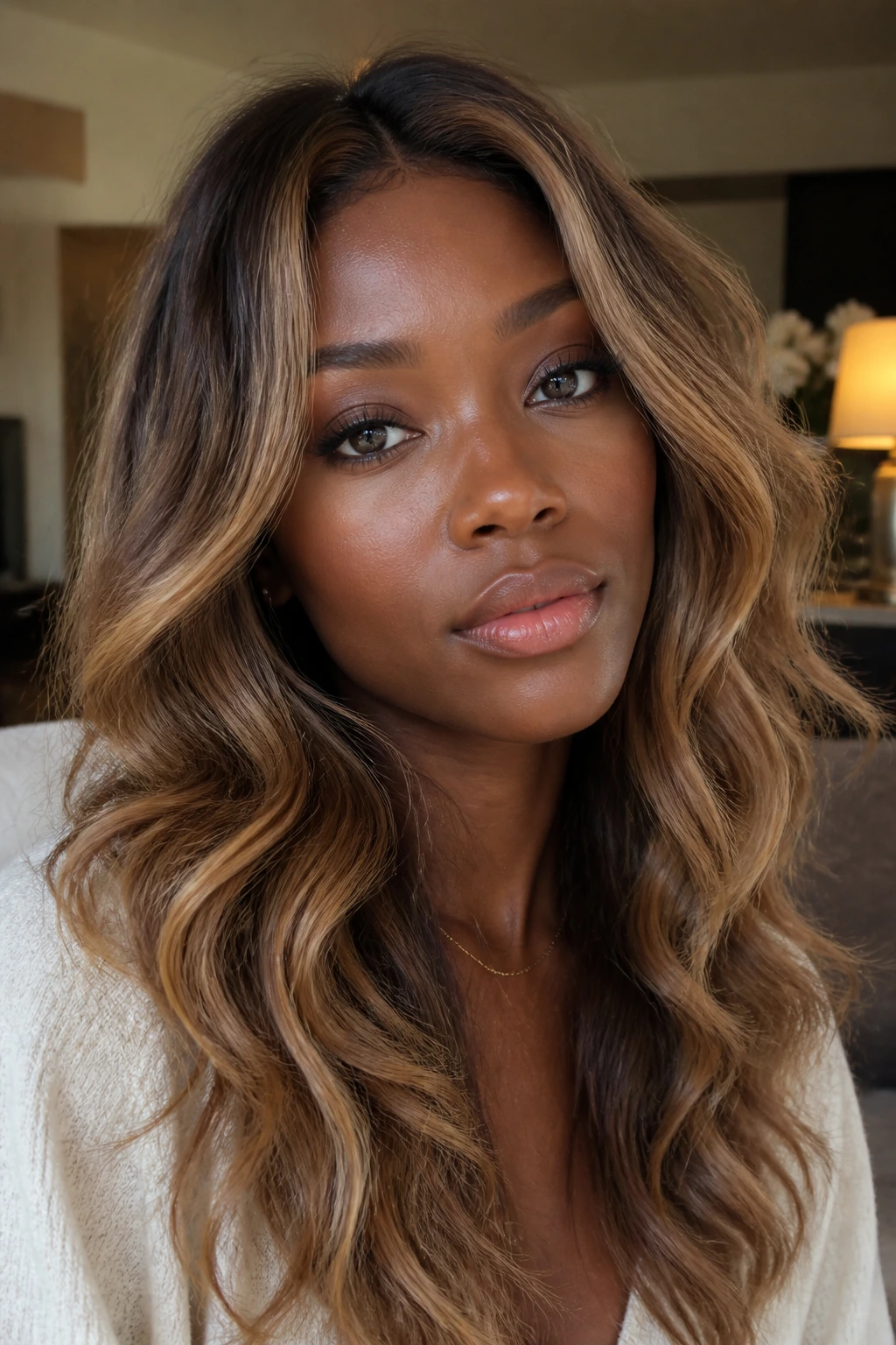 Close-up of a person with hazelnut blonde hair in soft indoor light