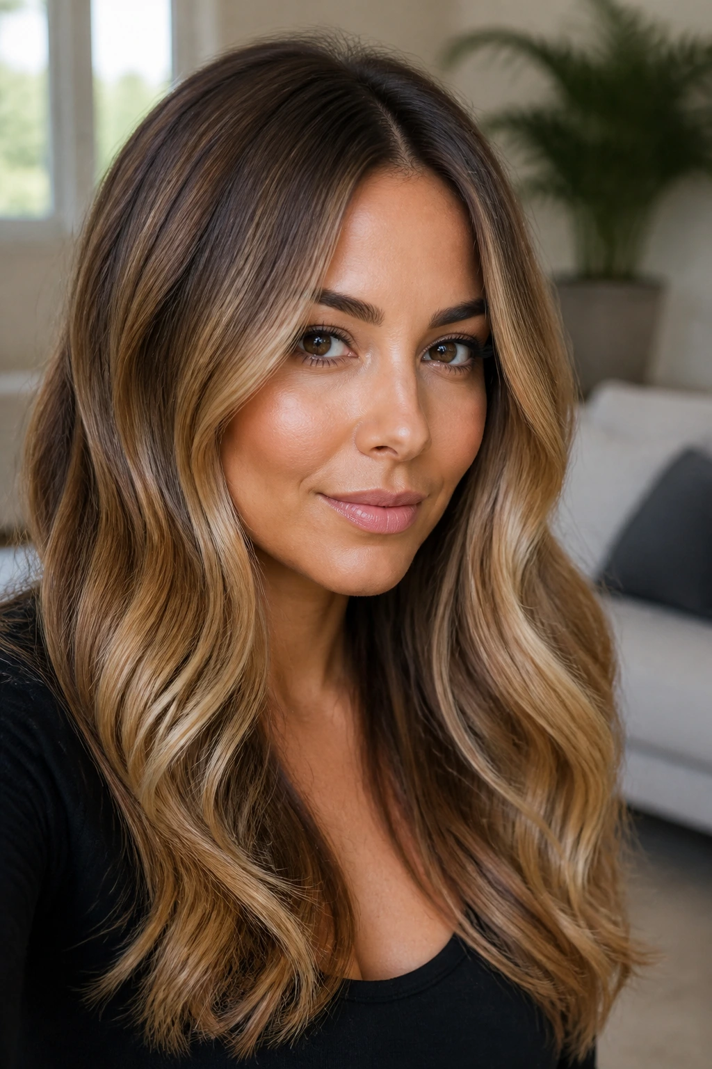 Close-up portrait of hazelnut-to-honey blonde melt on a real woman in warm window light