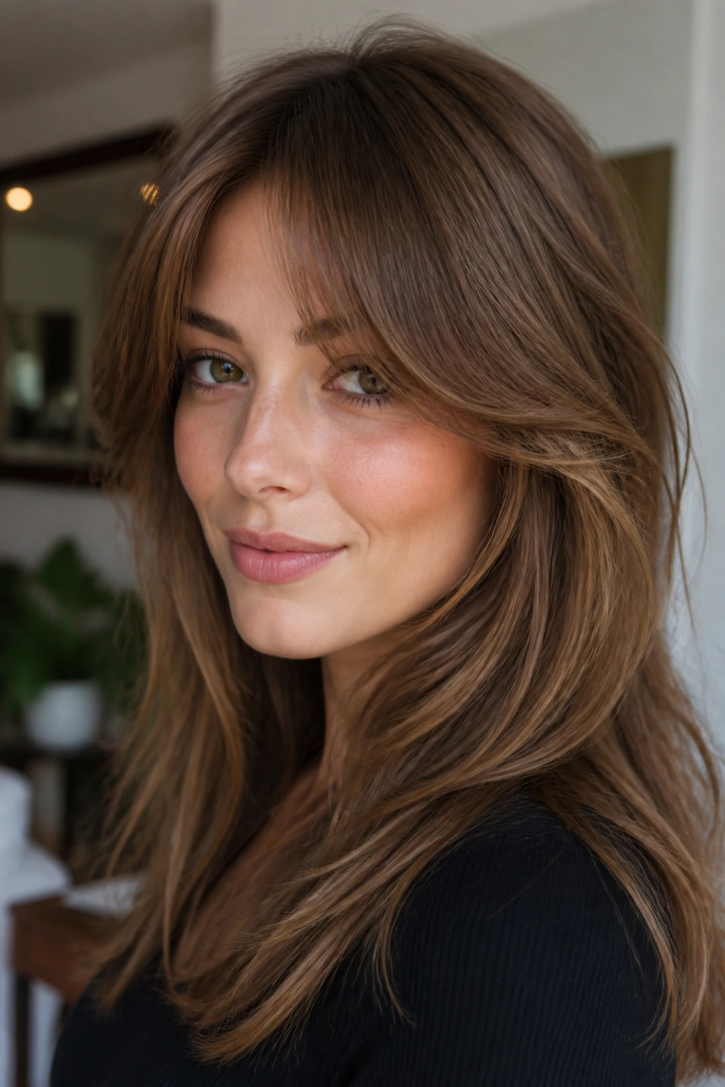 Close-up of a woman with hazelnut bottleneck bangs and airy sides framing the face