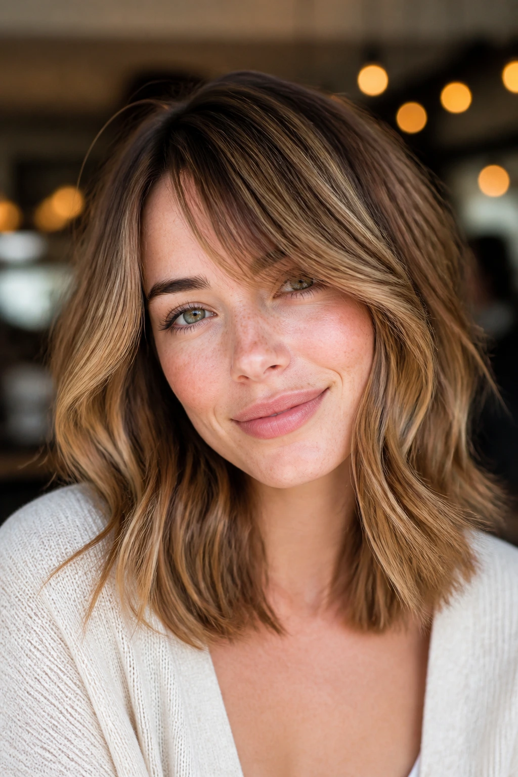 Real woman with hazelnut bronde and soft bang sweep