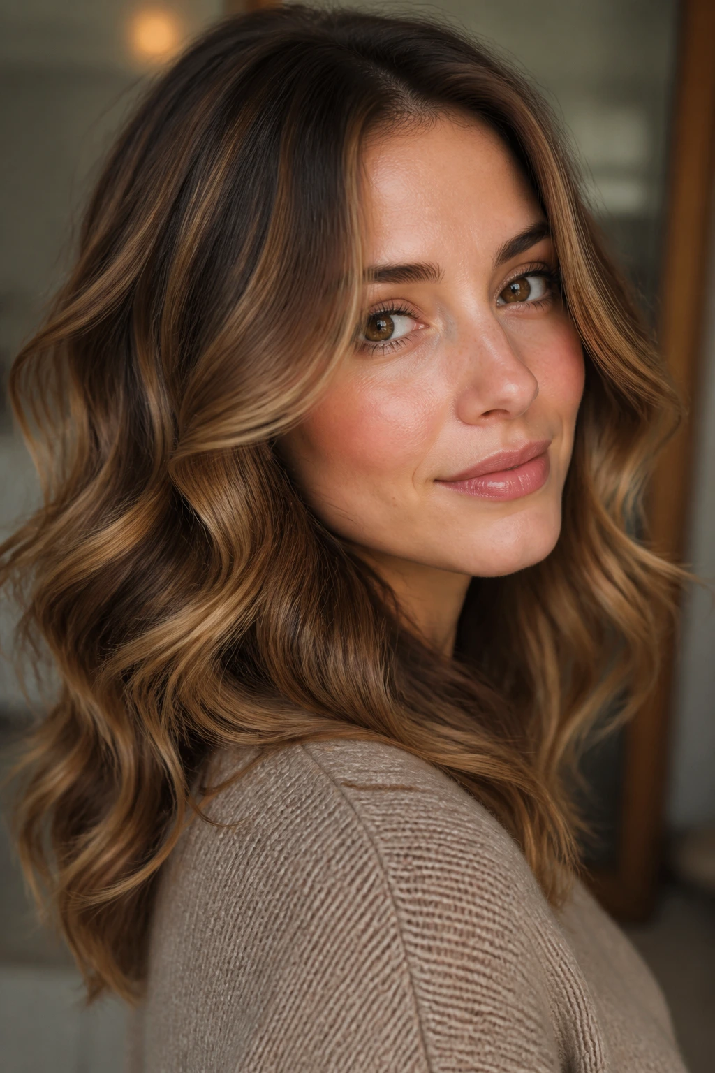 Close-up of a real woman with hazelnut brown hair and caramel ribbons