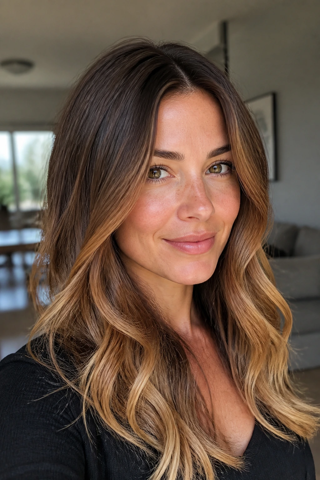 Close-up of hazelnut brown hair with golden ends framing the face
