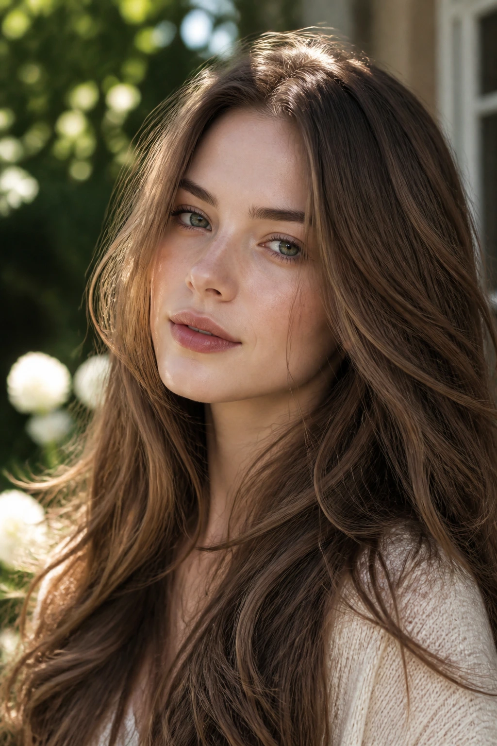 Close-up of a real woman with Hazelnut Brown hair in sunlit garden