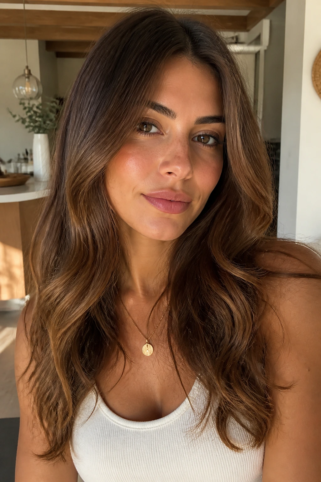 Hazelnut brown hair with balanced undertones on olive skin in warm light.