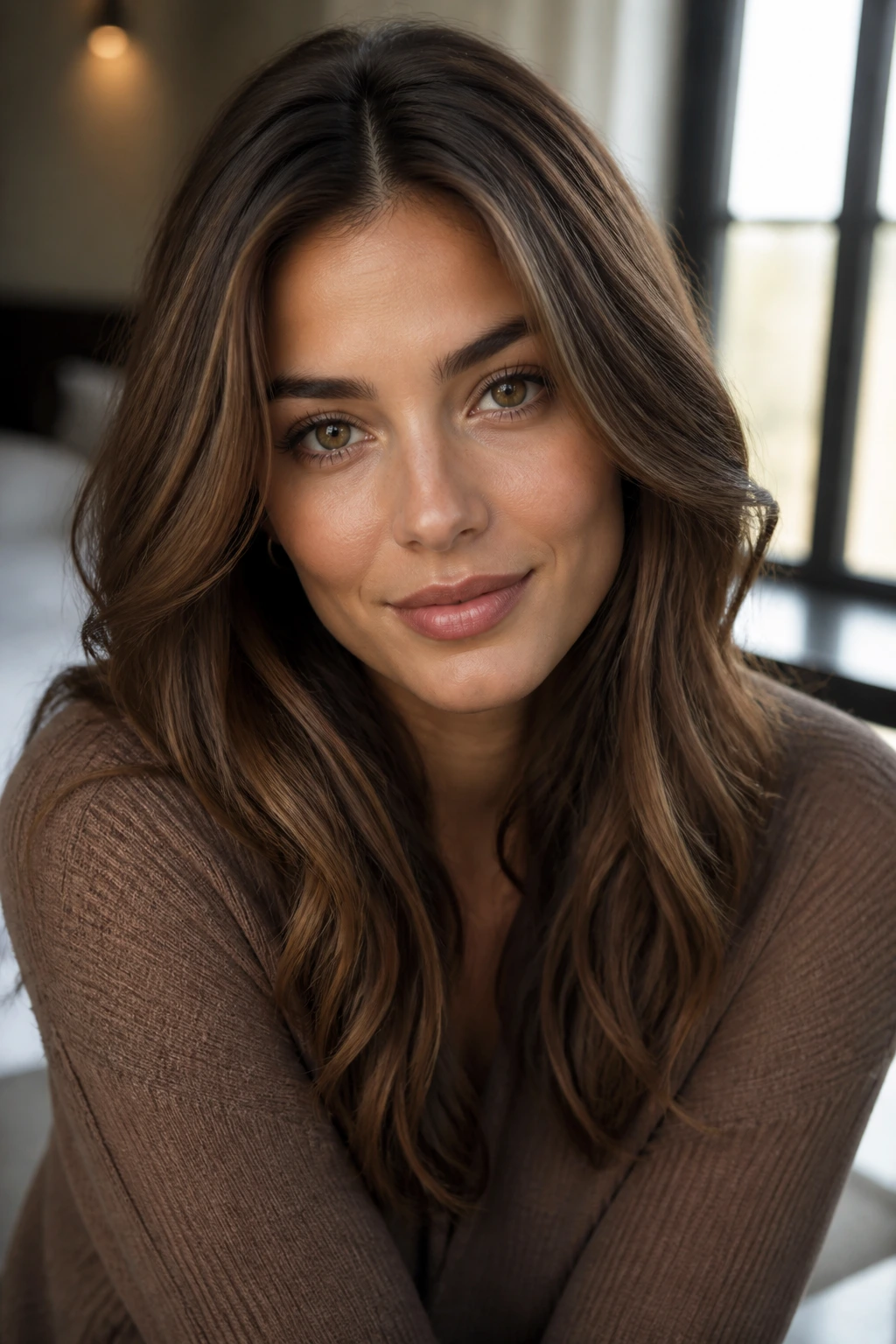 Close-up portrait of real woman with hazelnut brunette and soft glow on olive skin