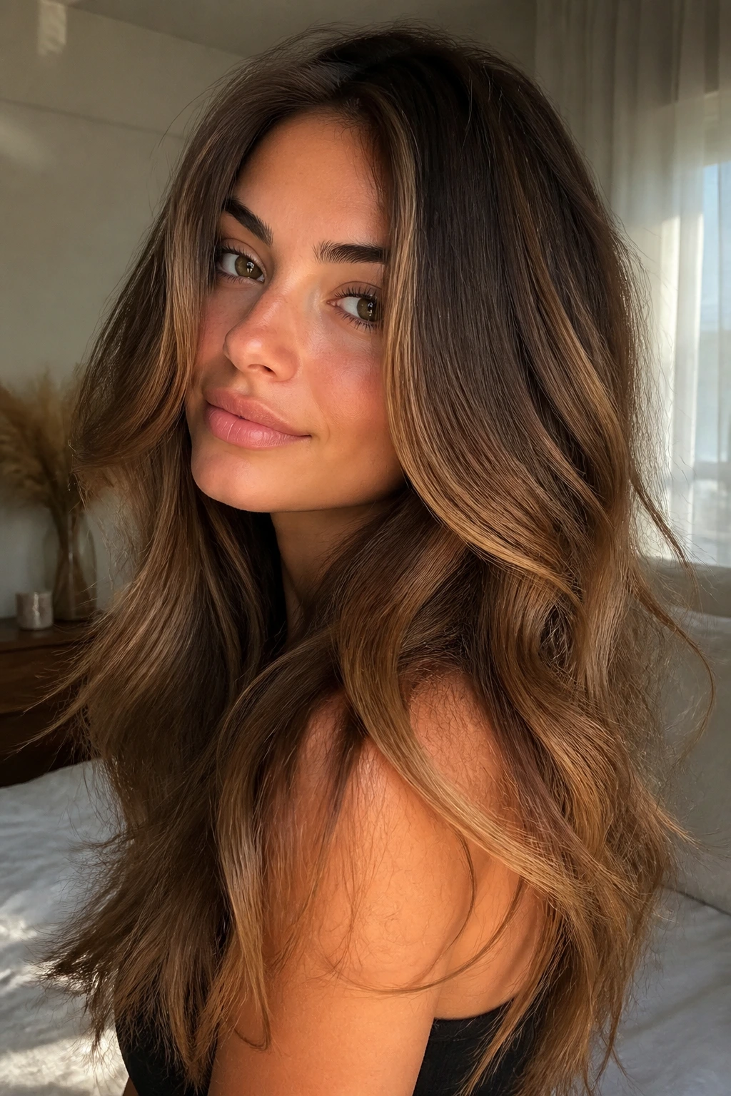 Warm hazelnut caramel balayage on long hair