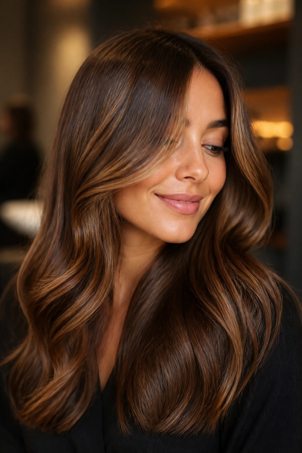 Portrait of a real woman with hazelnut caramel gloss on brunette hair