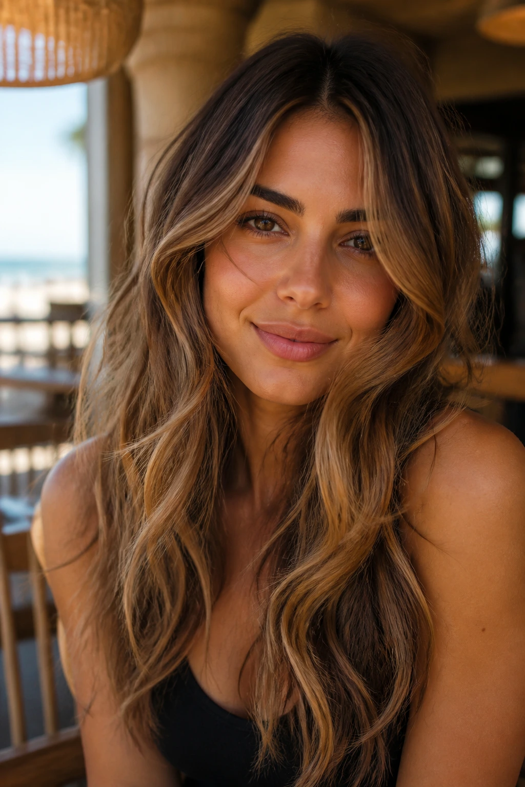 Close-up of a real woman's hazelnut caramel wavy hair with natural depth