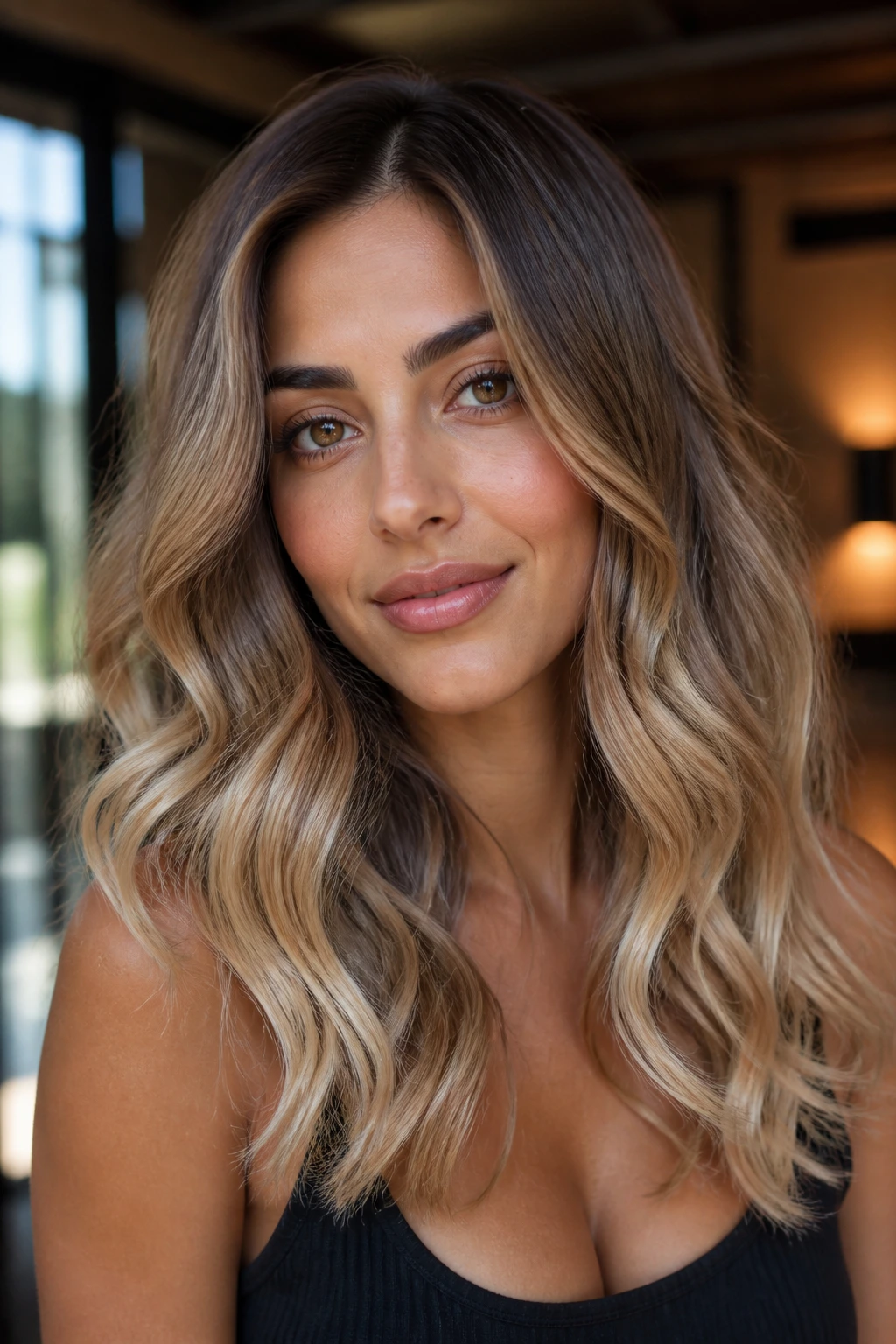 Close-up of a real woman with hazelnut melt and champagne tips on olive skin.