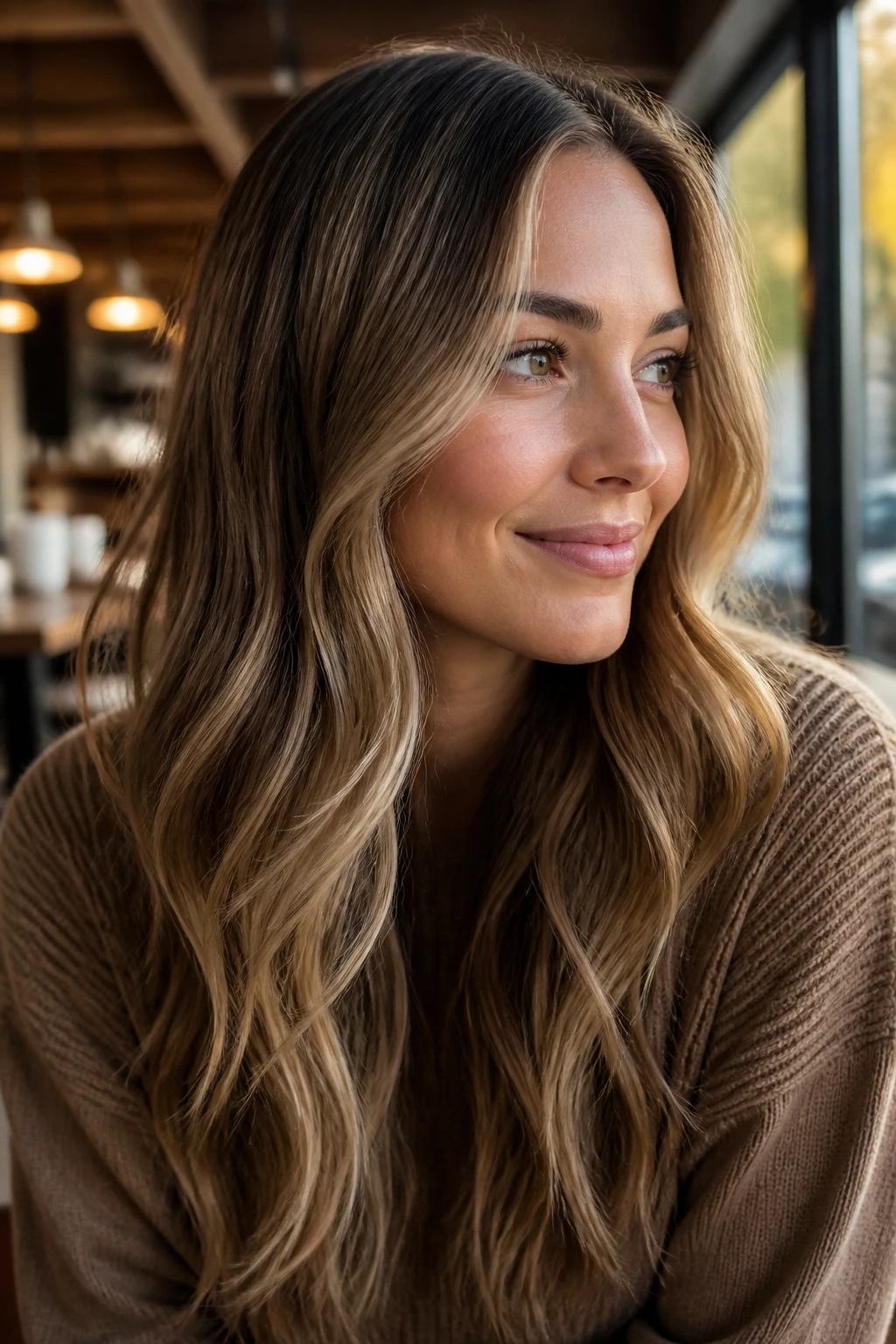 Close-up brunette with hazelnut cream blonde babylights