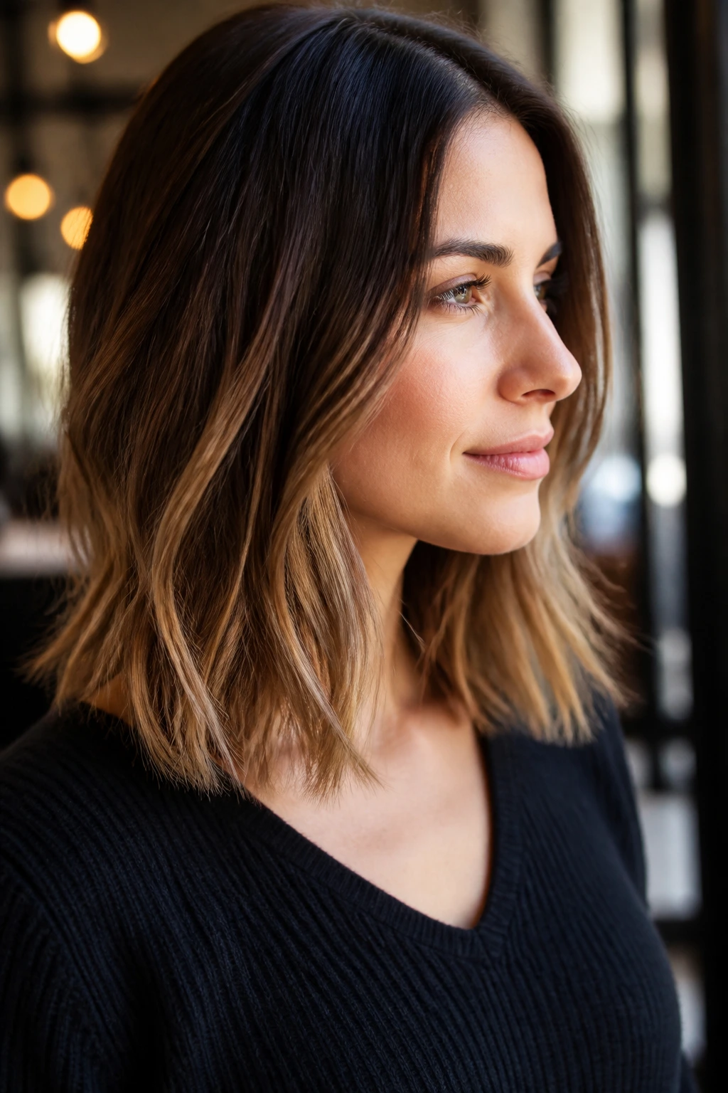 Close-up of a real woman with hazelnut ends blending into darker roots