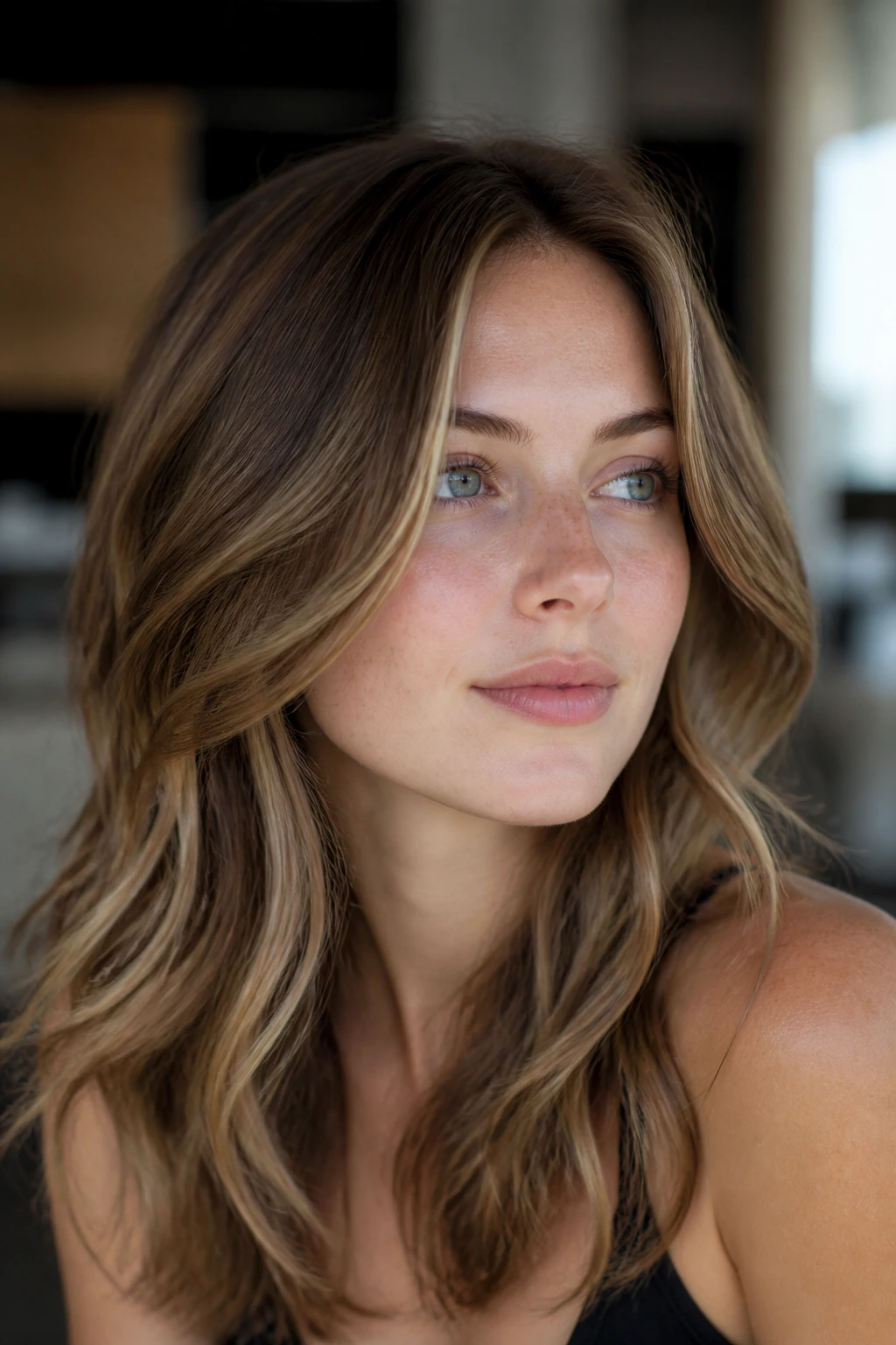 Close-up portrait of a real woman with hazelnut face-framing lows around the cheeks in natural light.