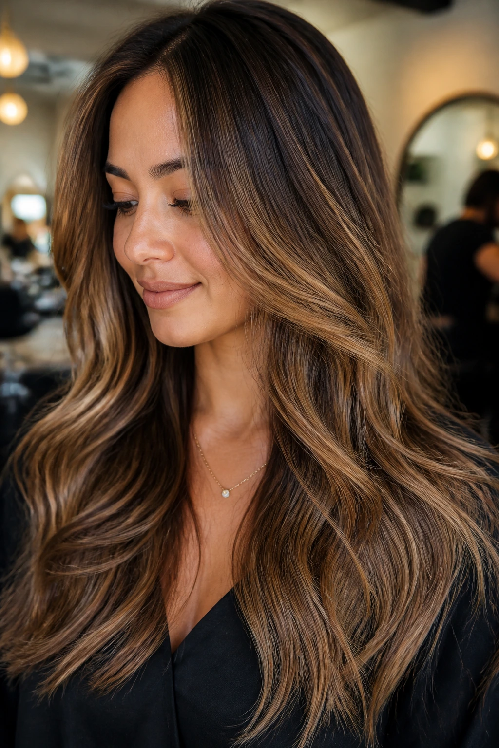 Brunette with hazelnut foilayage on tan skin