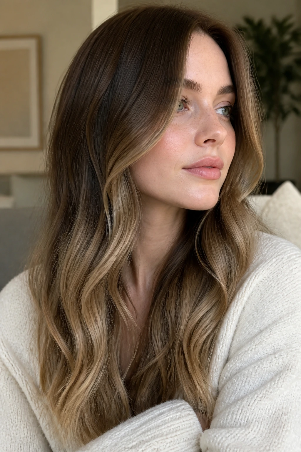 Close-up of hazelnut hair with muted ends framing the face in warm light