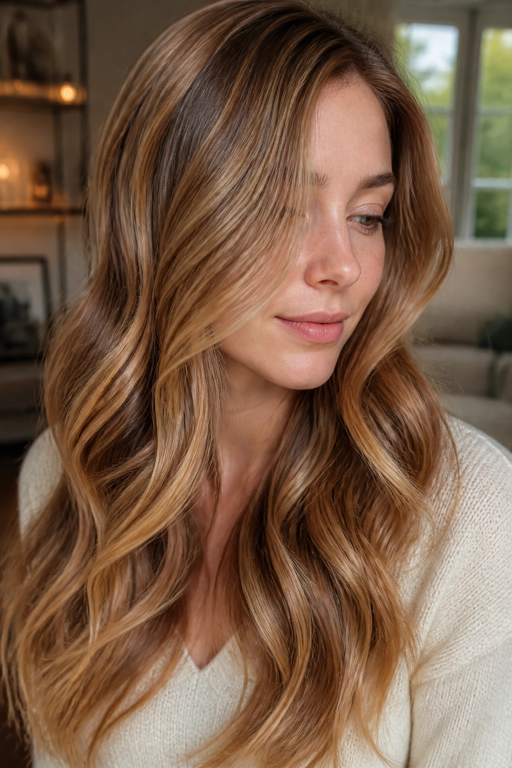 Close-up of a fair-skinned woman with hazelnut glow panels in hair