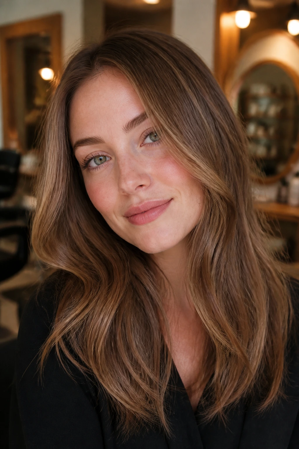 Close-up of a real woman with hazelnut hair and glossy finish