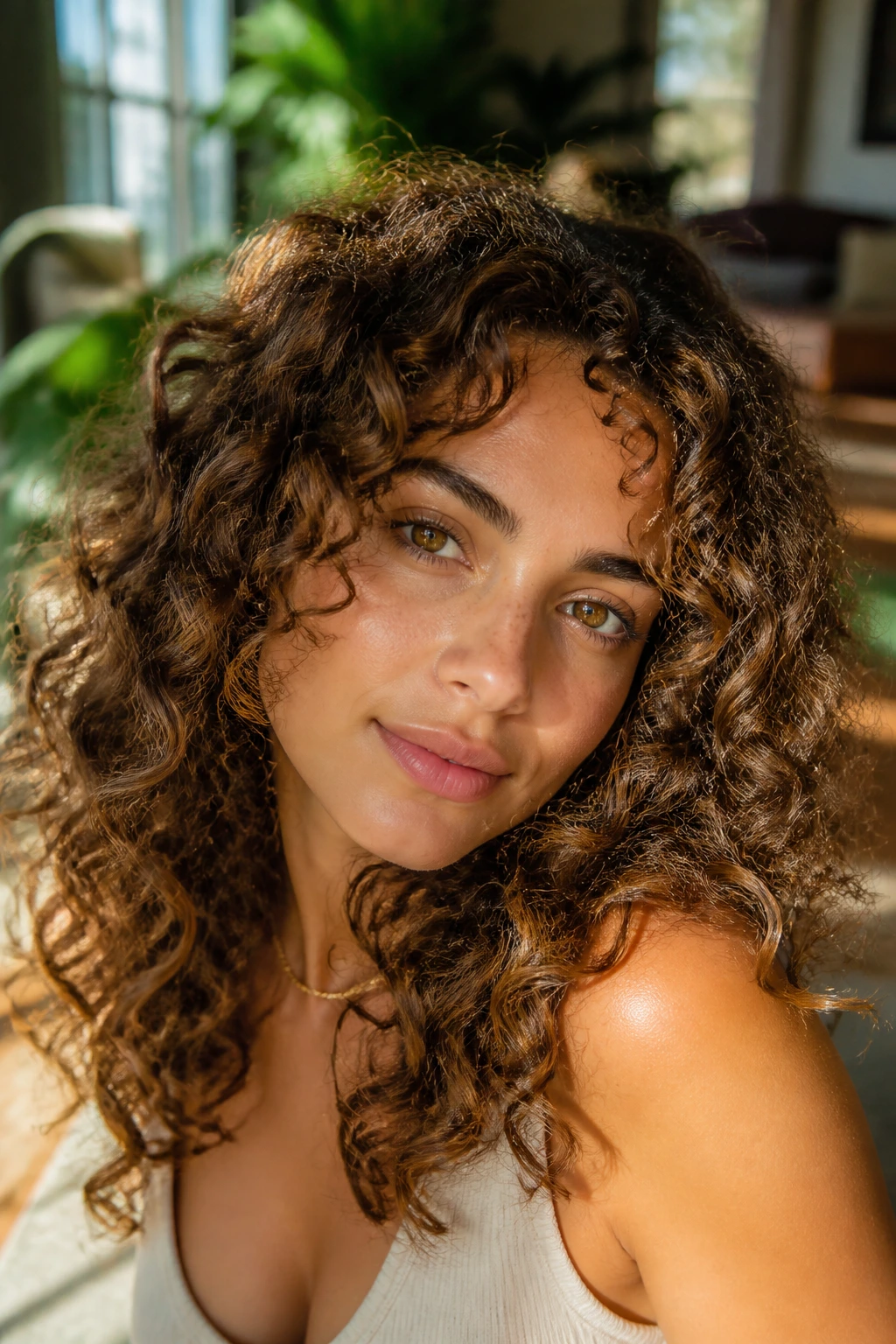 Close-up of a real woman with hazelnut curls on olive skin in daylight