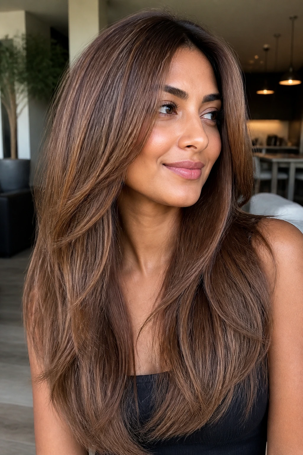 Close-up portrait of a real woman with hazelnut long sleek layers, glossy brown hair catching light