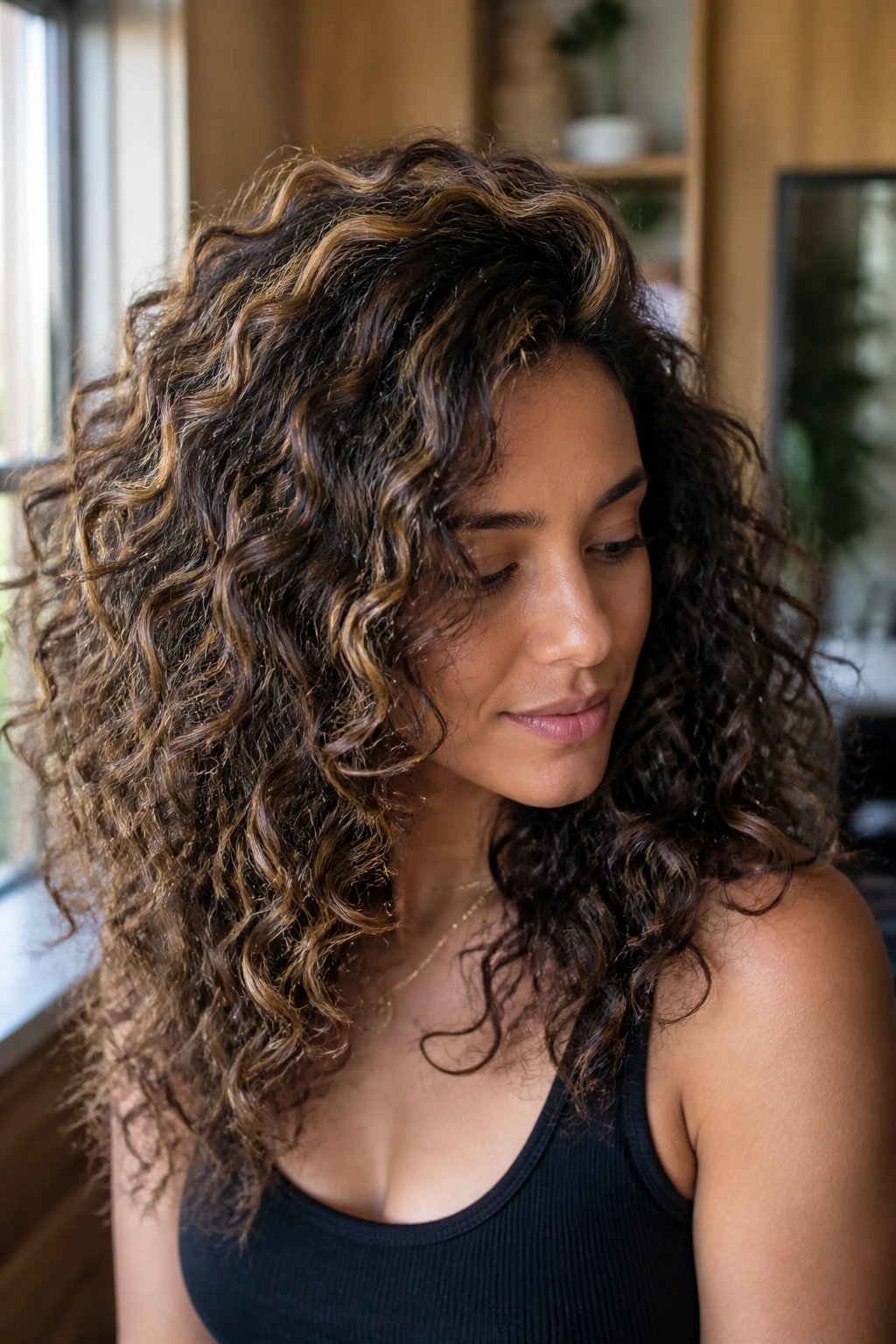 Close-up of a real woman with hazelnut halo balayage on curly dark hair