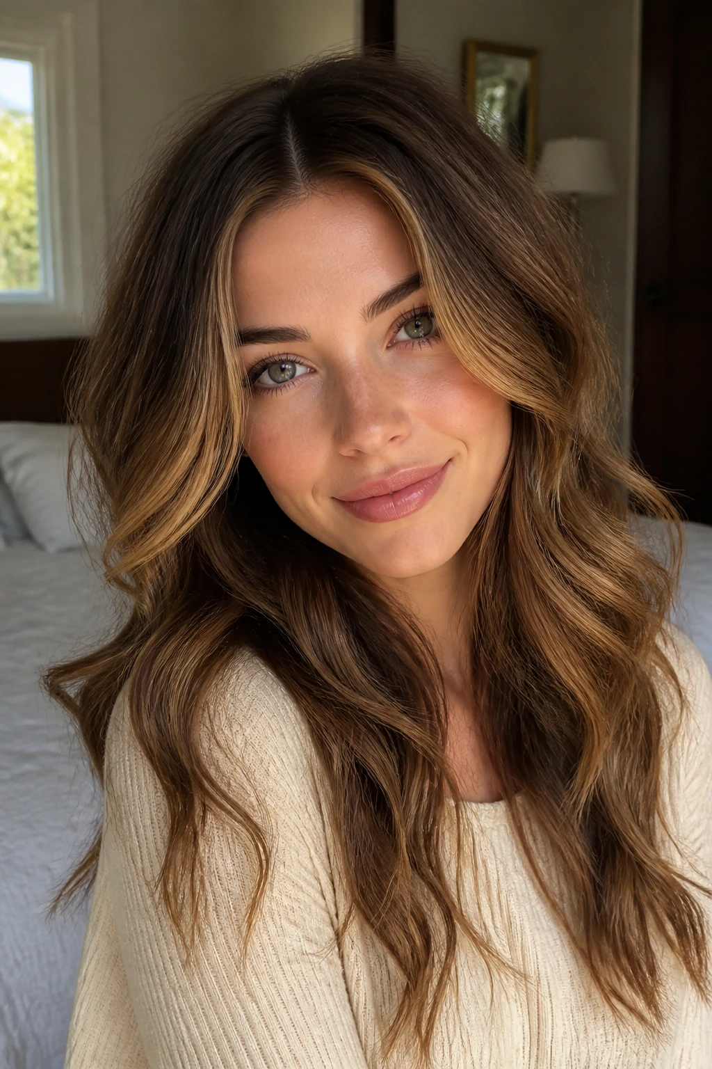 Close-up of a woman with hazelnut halo highlights around the crown.