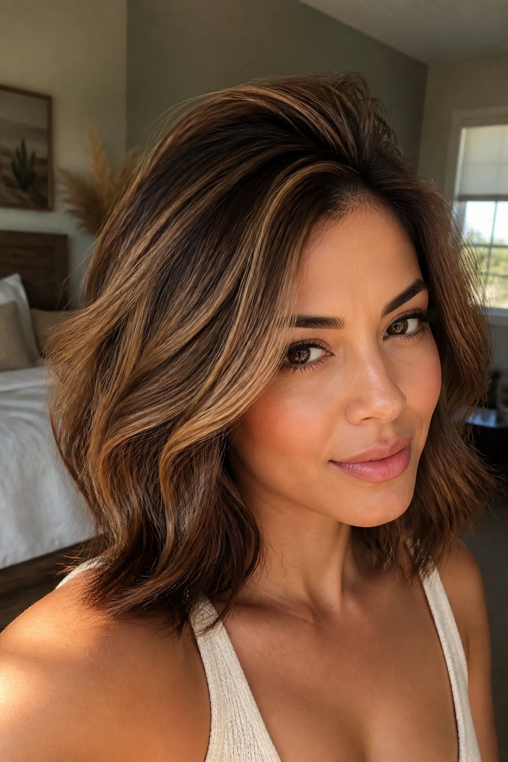 Close-up of hazelnut halo highlights at crown on real woman's hair