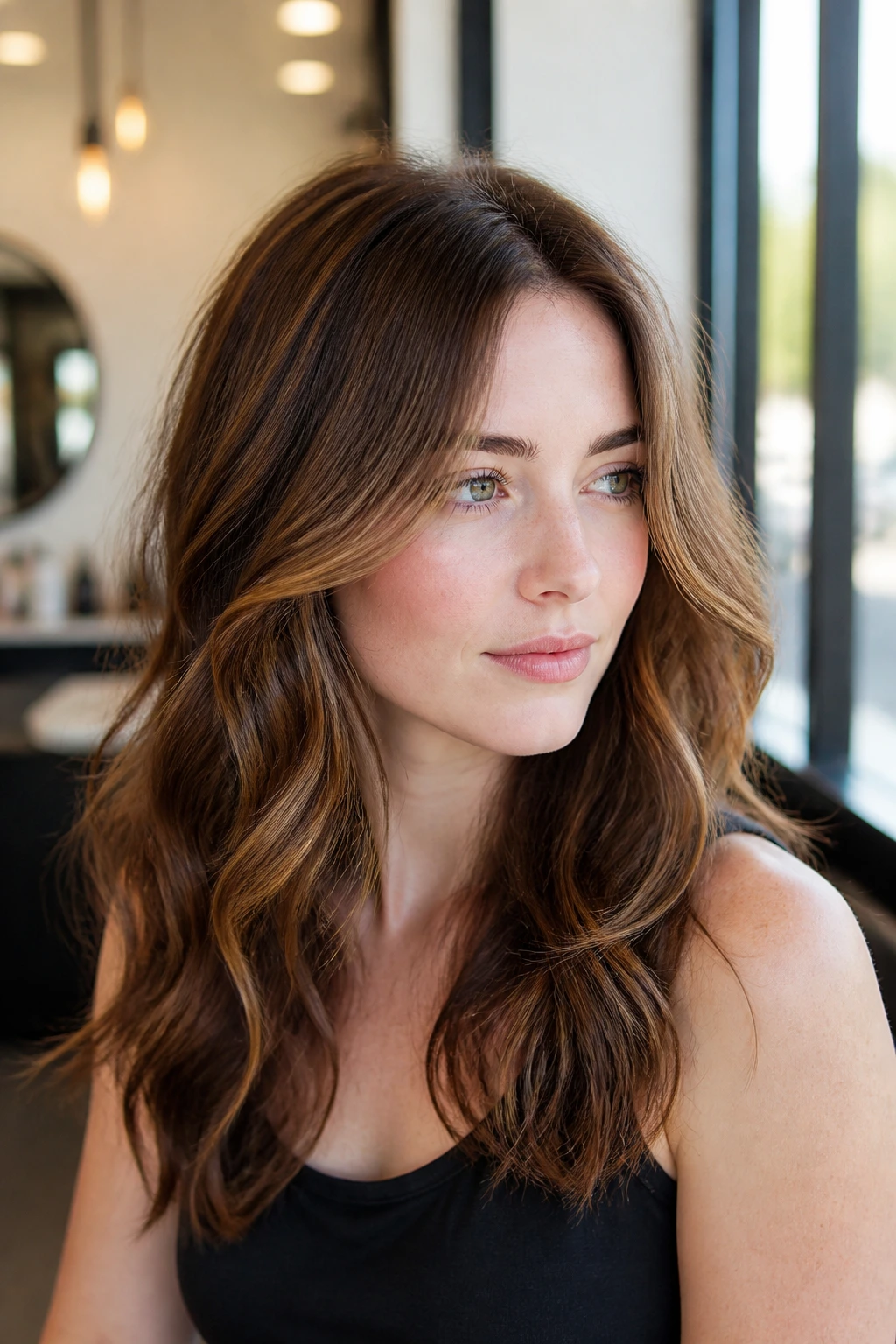Close-up portrait of a real woman with hazelnut halo highlights around the crown