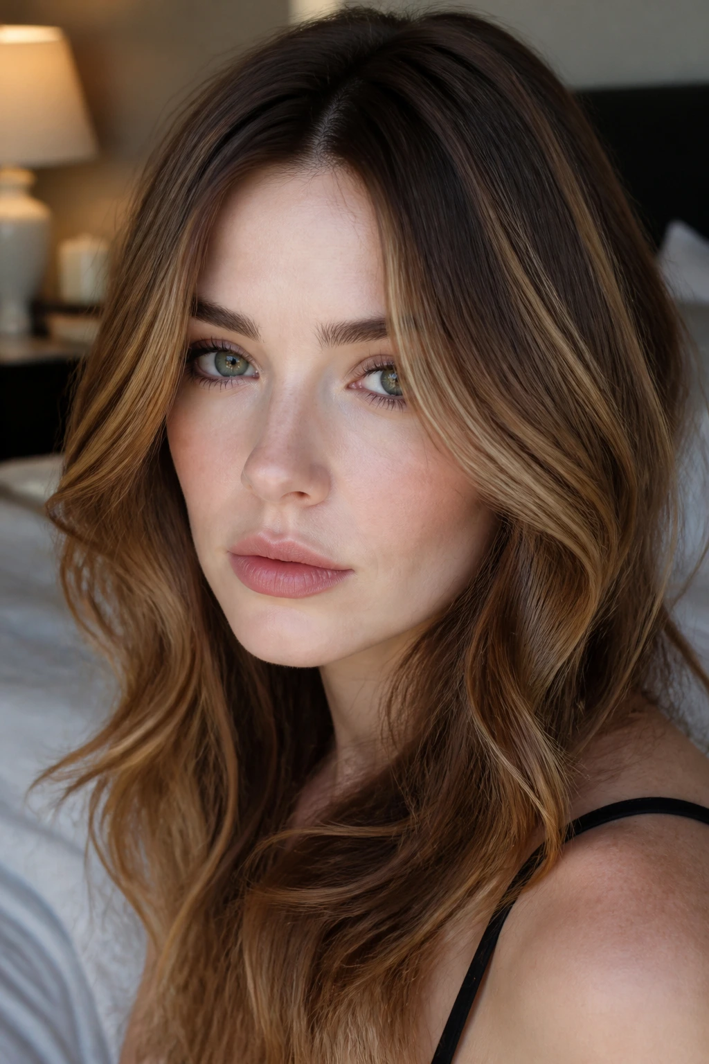 Close-up of a real woman's hair showing hazelnut halo highlights framing the sides in warm bedroom light.