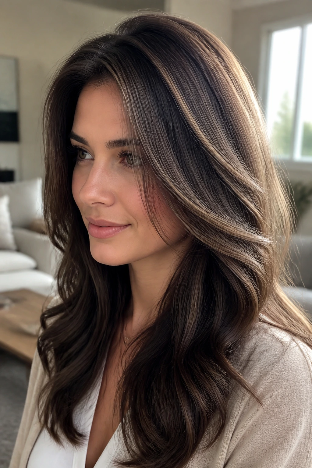 Hazelnut halo lights around crown on brunette hair