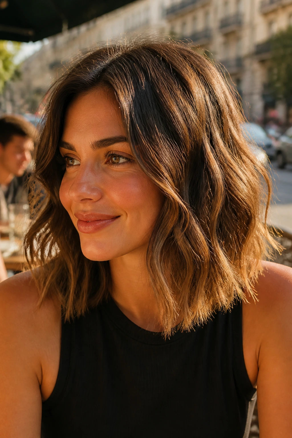 Portrait of a real person with hazelnut lob and lightly choppy ends