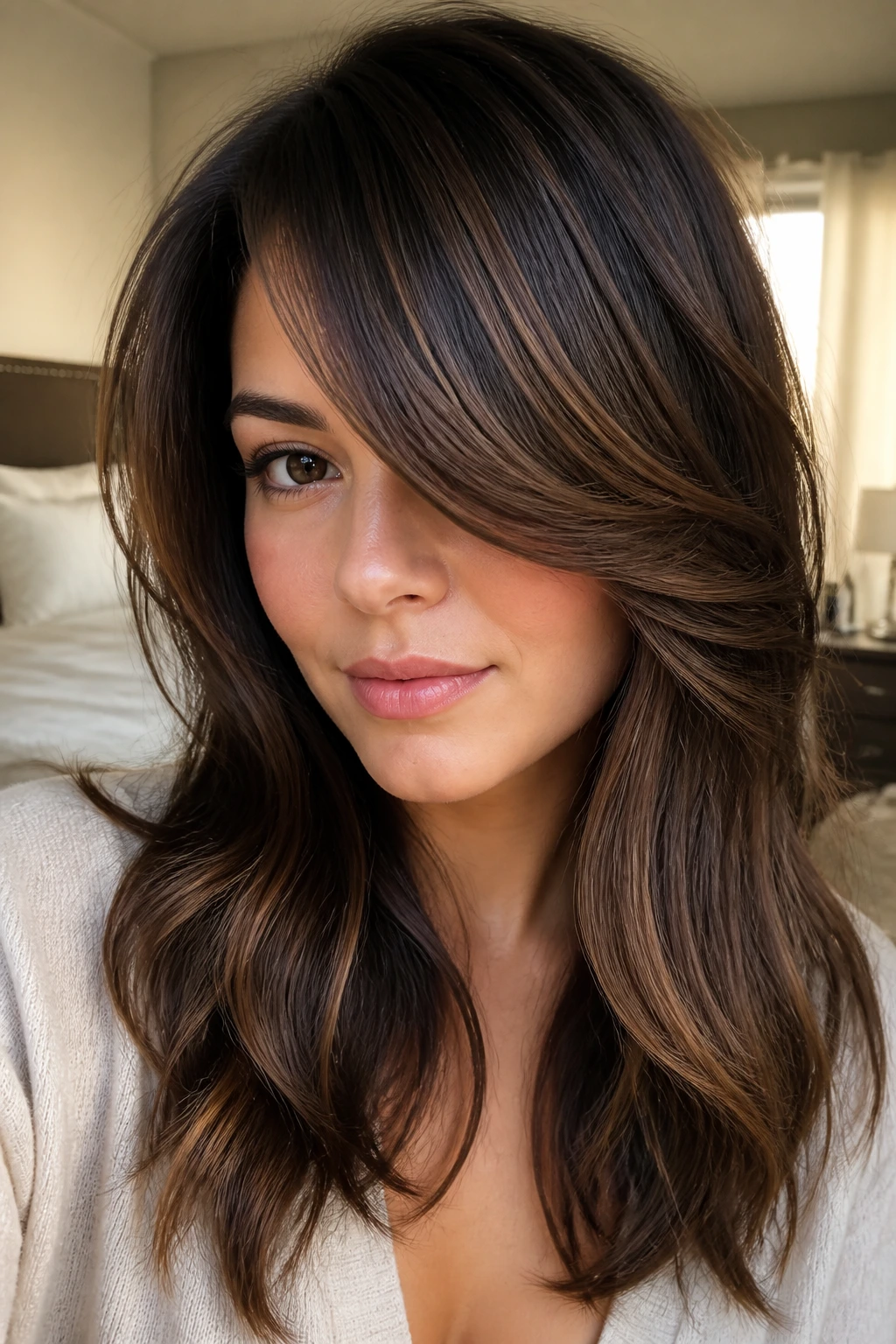 Close-up of brunette with Hazelnut Lowlights and side-swept bangs