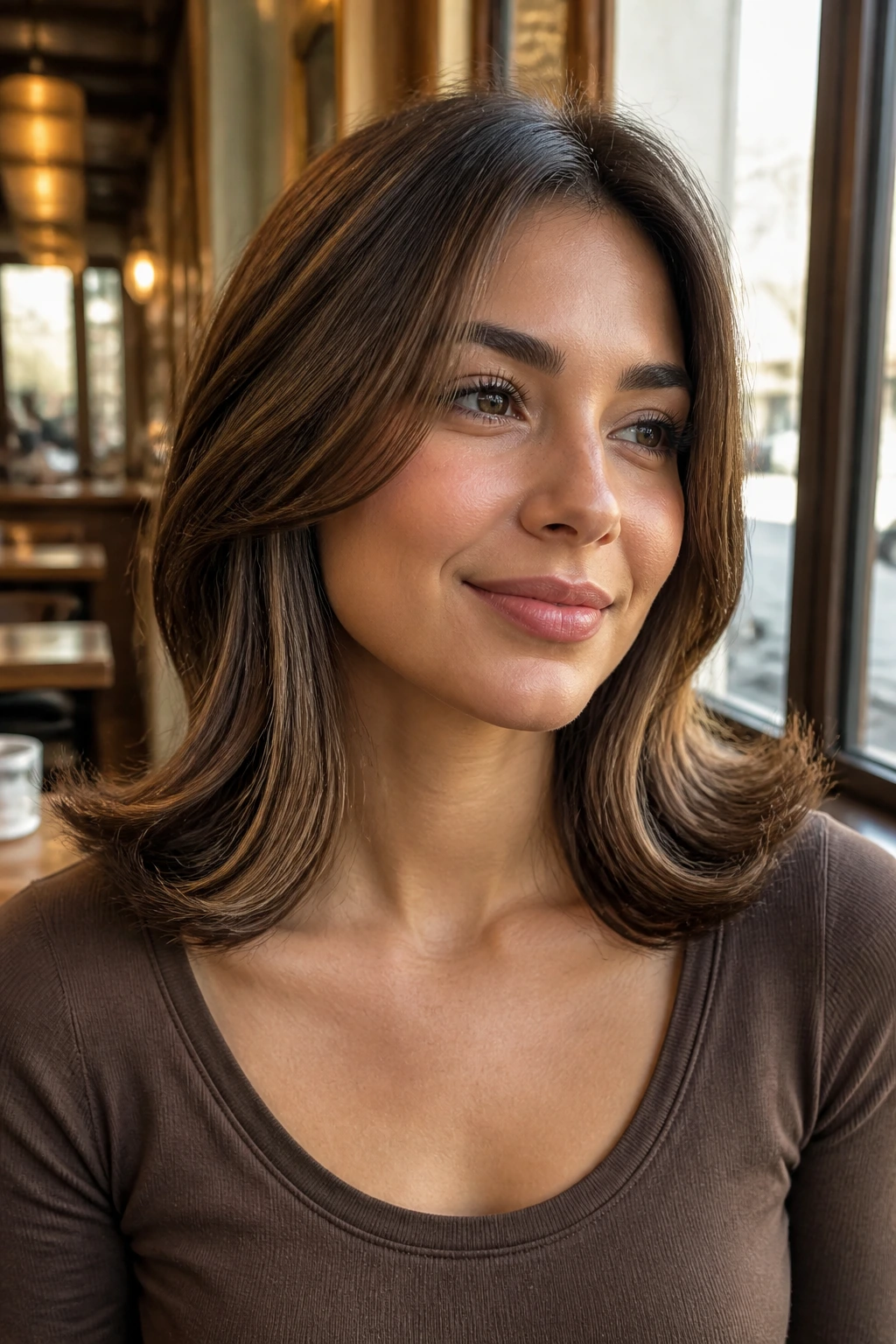Close-up of a real woman with hazelnut lowlights and flipped ends