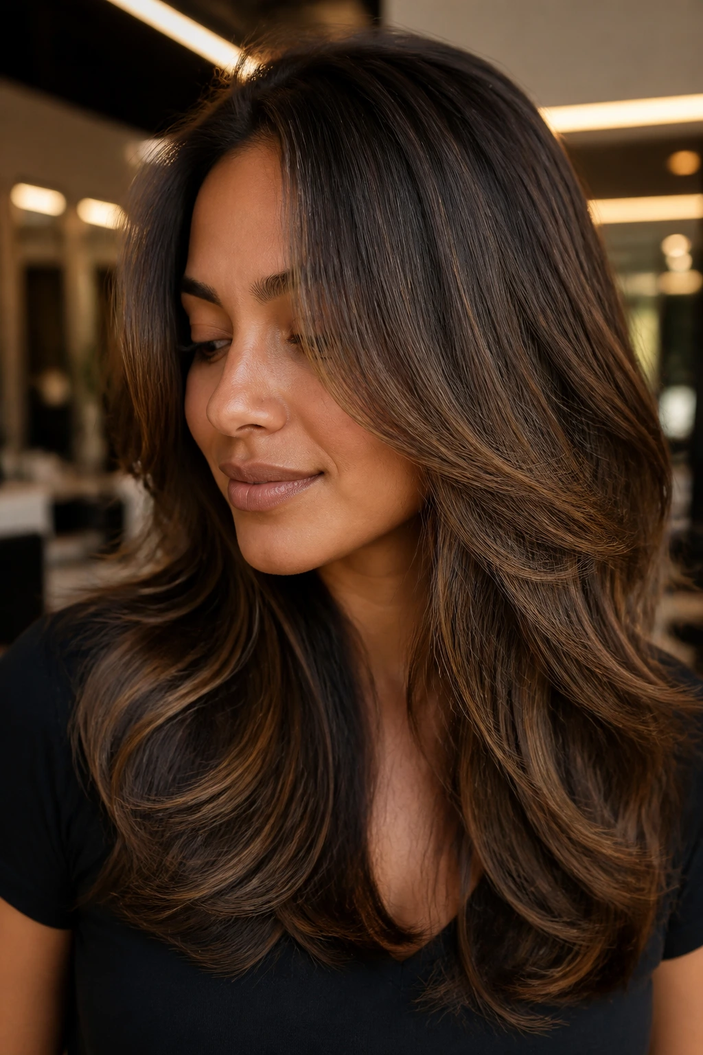 Close-up of a real woman with hazelnut lowlights in thick layered hair