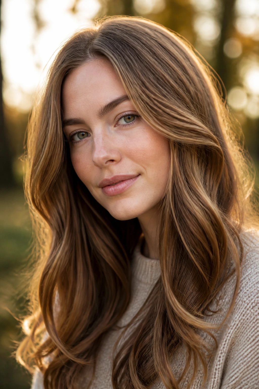 Close-up of a real woman with warm hazelnut lowlights in hair outdoors during golden hour