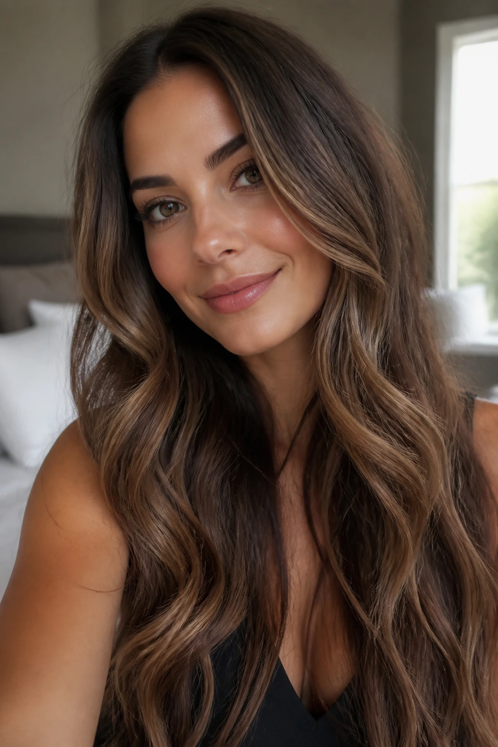Close-up portrait of a real woman with hazelnut lowlights in soft waves