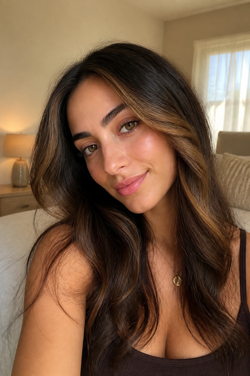 Portrait of a real woman with hazelnut melt around the face on brunette hair