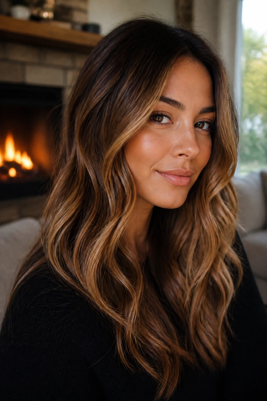 Portrait of a woman with hazelnut to honey melt hair tones in a cozy living room