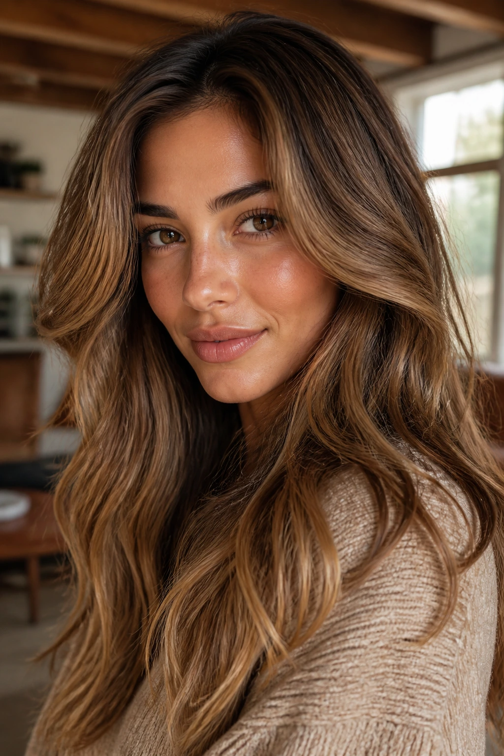 Close-up of a real person with hazelnut melt hair in warm living room light