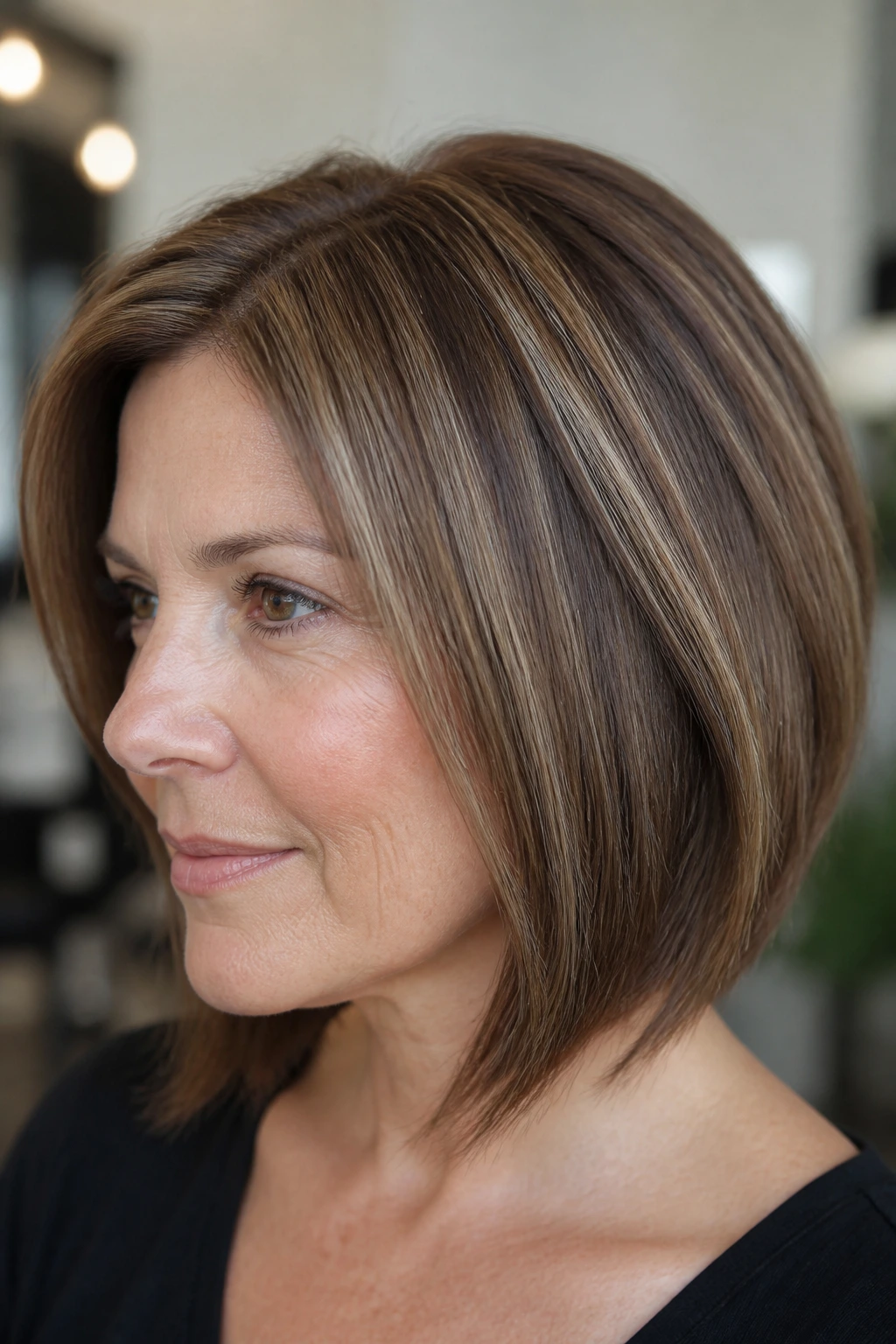 Close-up portrait of a real woman with hazelnut micro-highlights near roots.