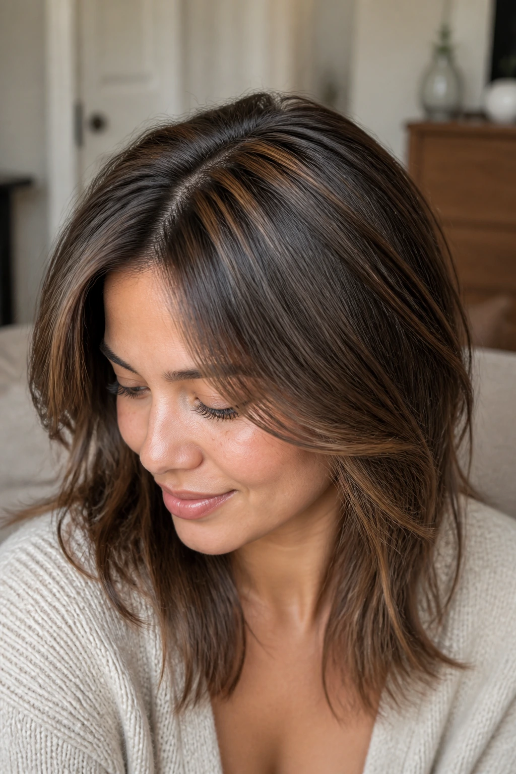 Close-up portrait of a real woman with hazelnut peekaboo crown highlights