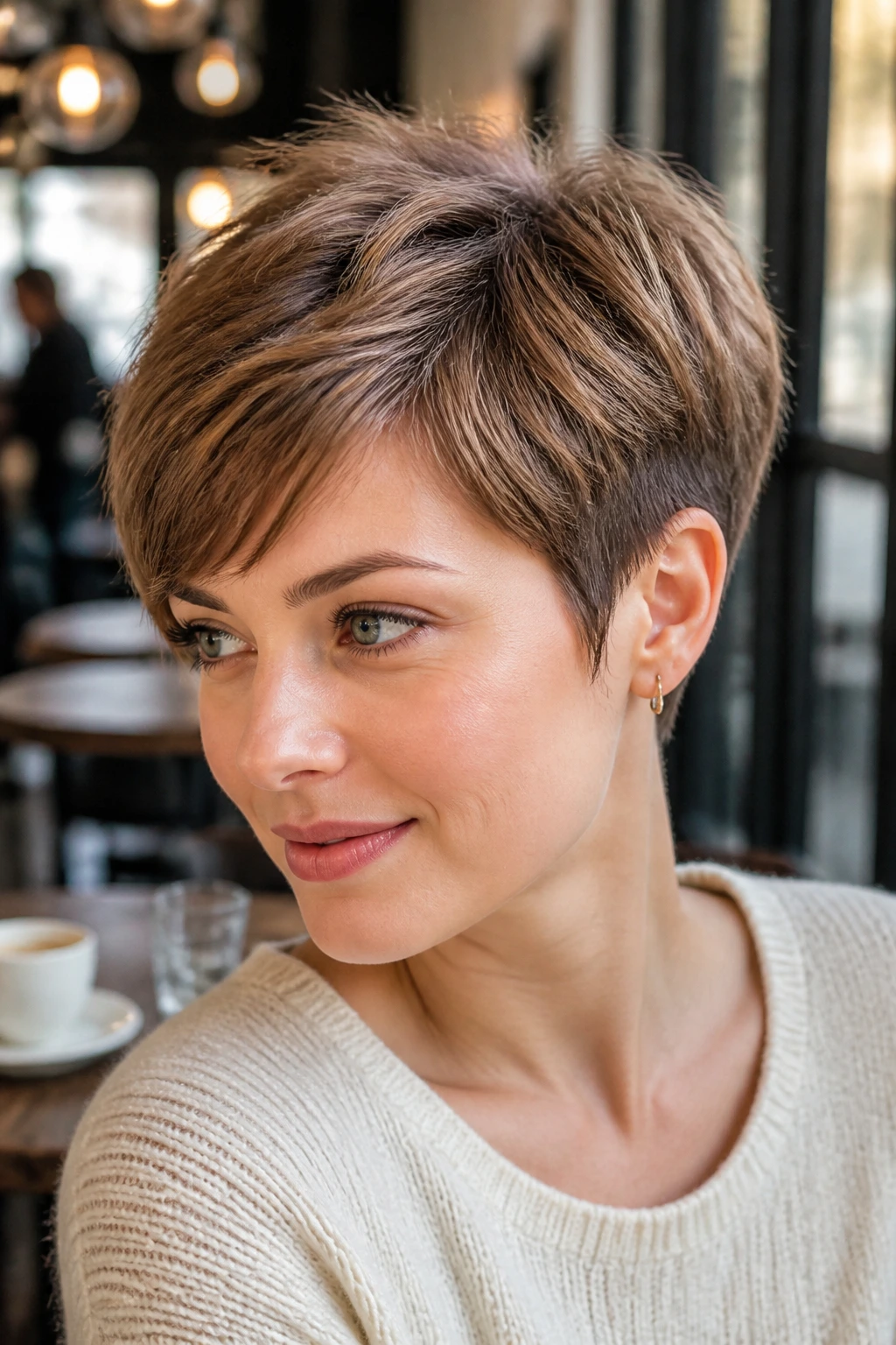 Close-up of a real woman with hazelnut pixie haircut showing warm top and deeper sides