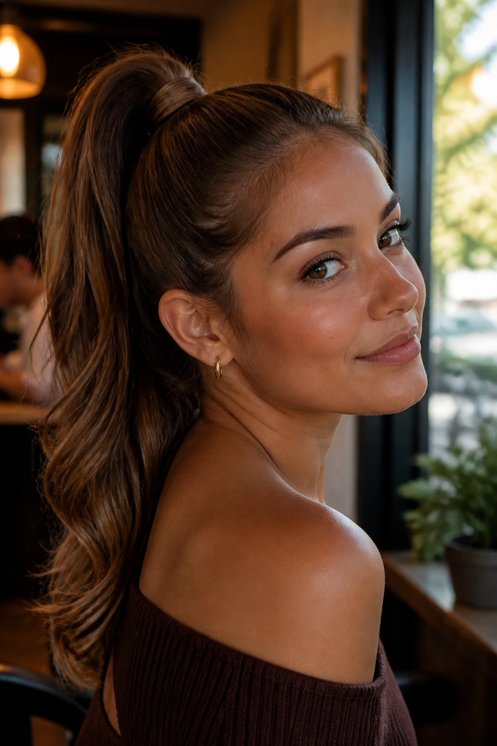 Portrait of a real woman with hazelnut high ponytail in warm cafe light