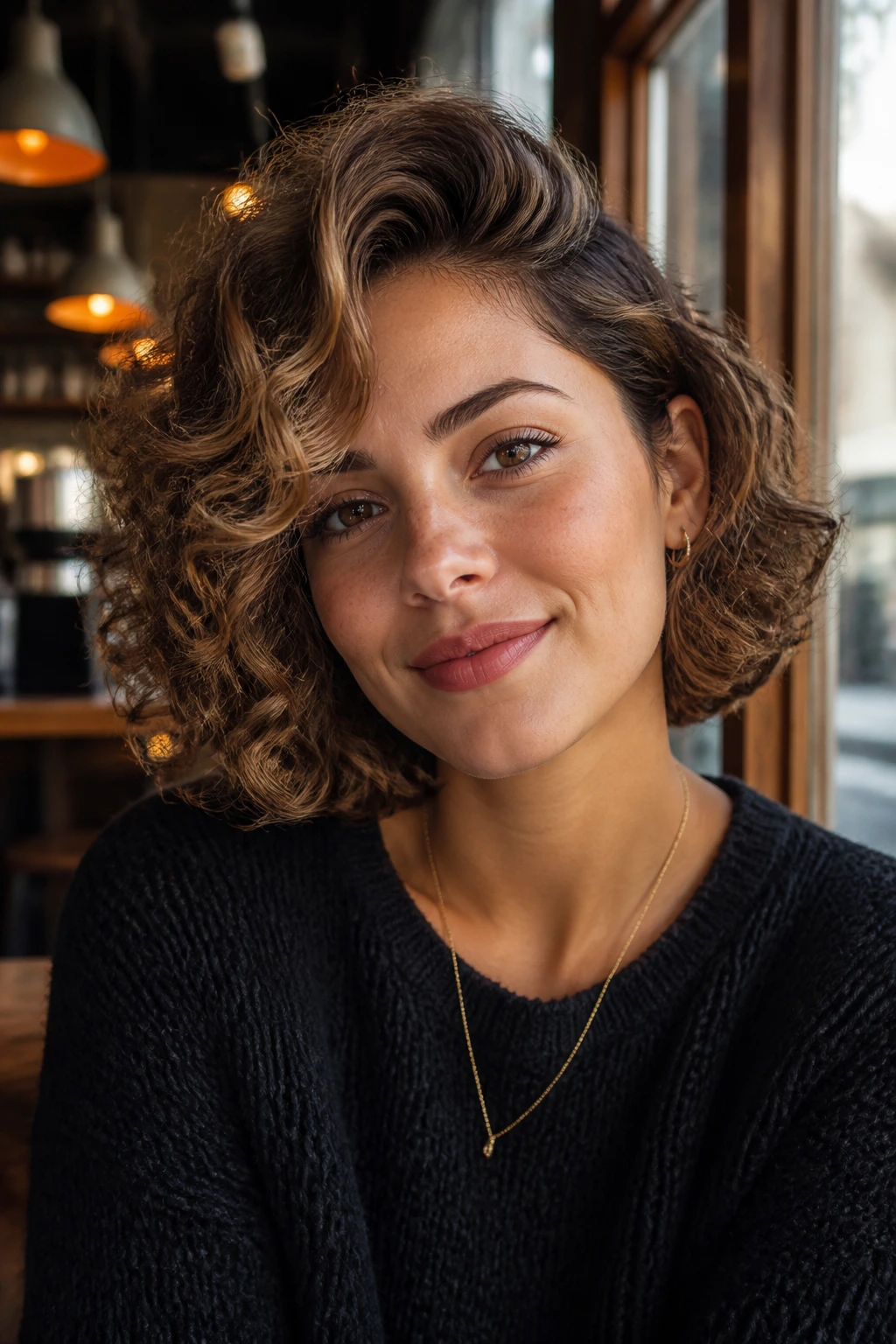 Close-up of hazelnut side-part bob on brunette woman with soft daylight