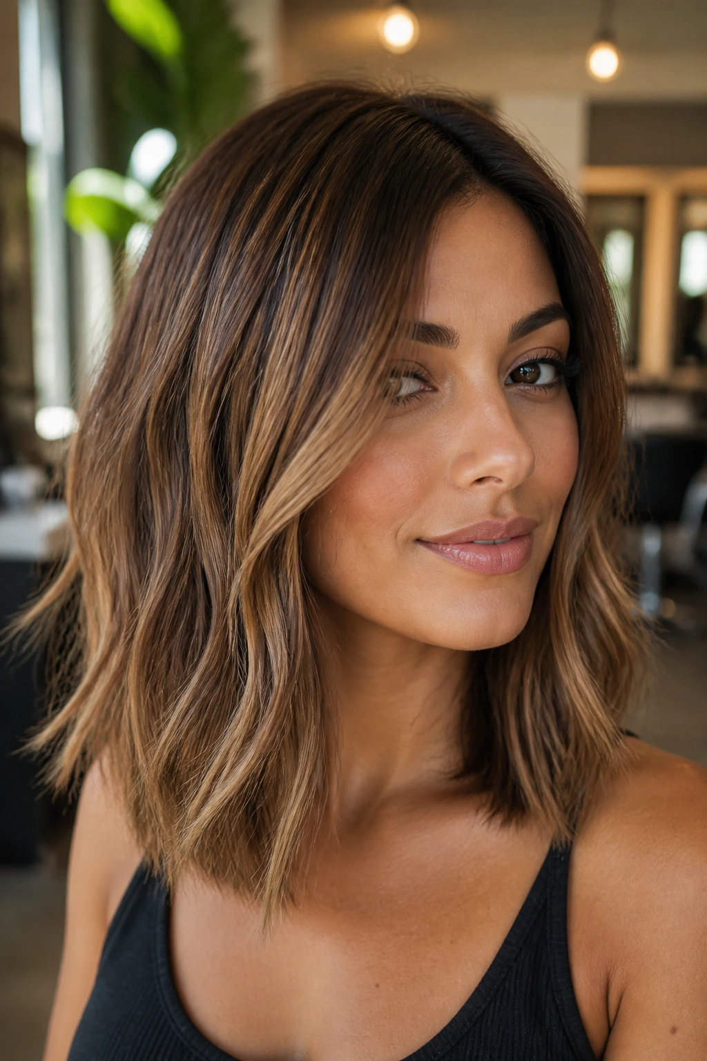 Close-up of a real woman with hazelnut toffee lob and subtle end bend in warm salon light