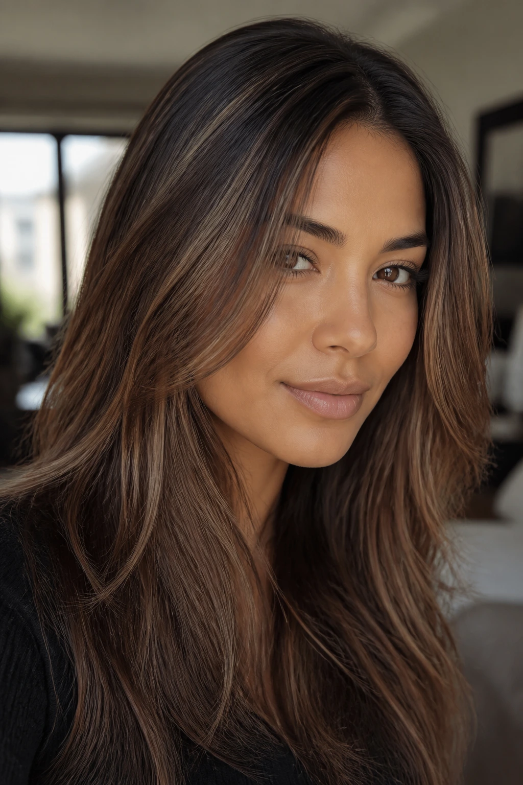 Hazelnut veil shading creates subtle depth in hair on a real person