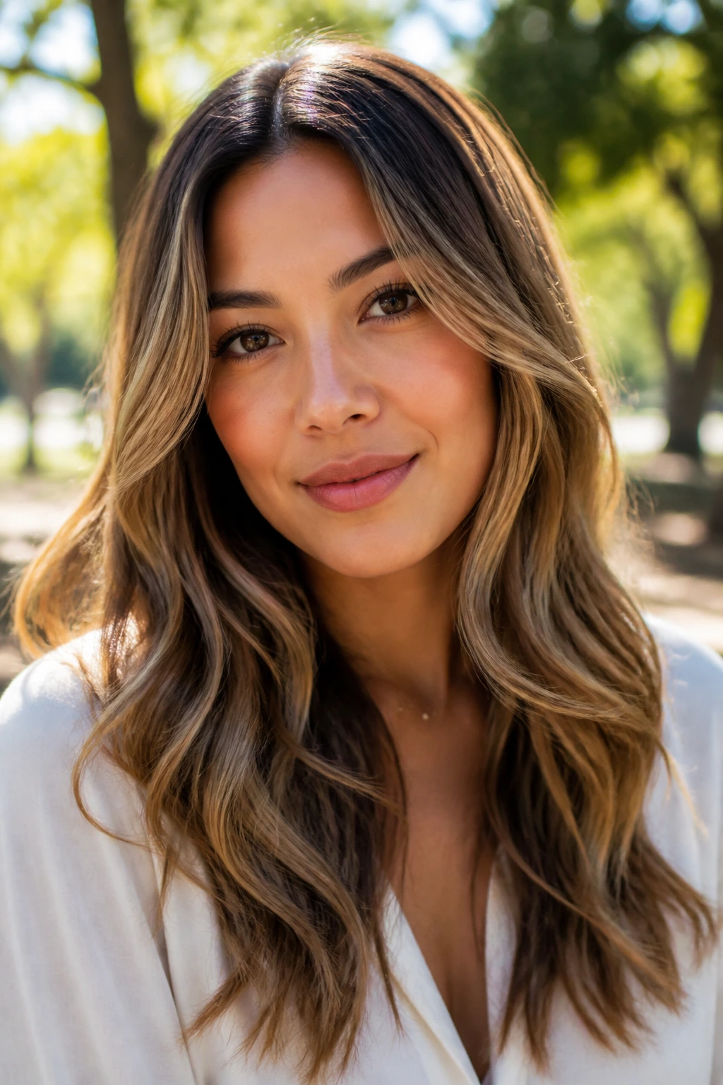 Real woman with hazelnut waves and golden lights in a sunlit park