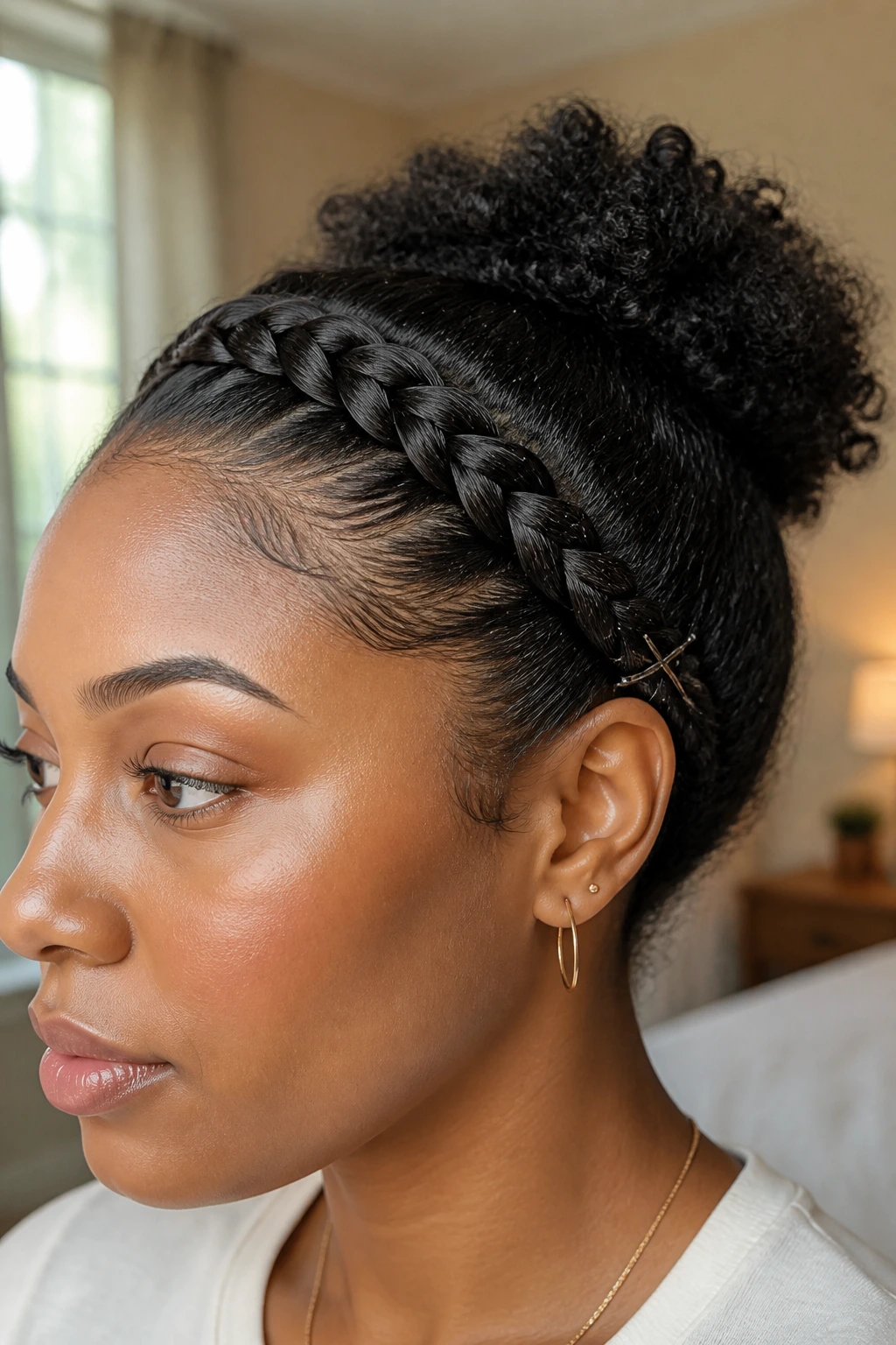 Close-up of a real woman with a headband braid anchored under the hair and crossed pins.