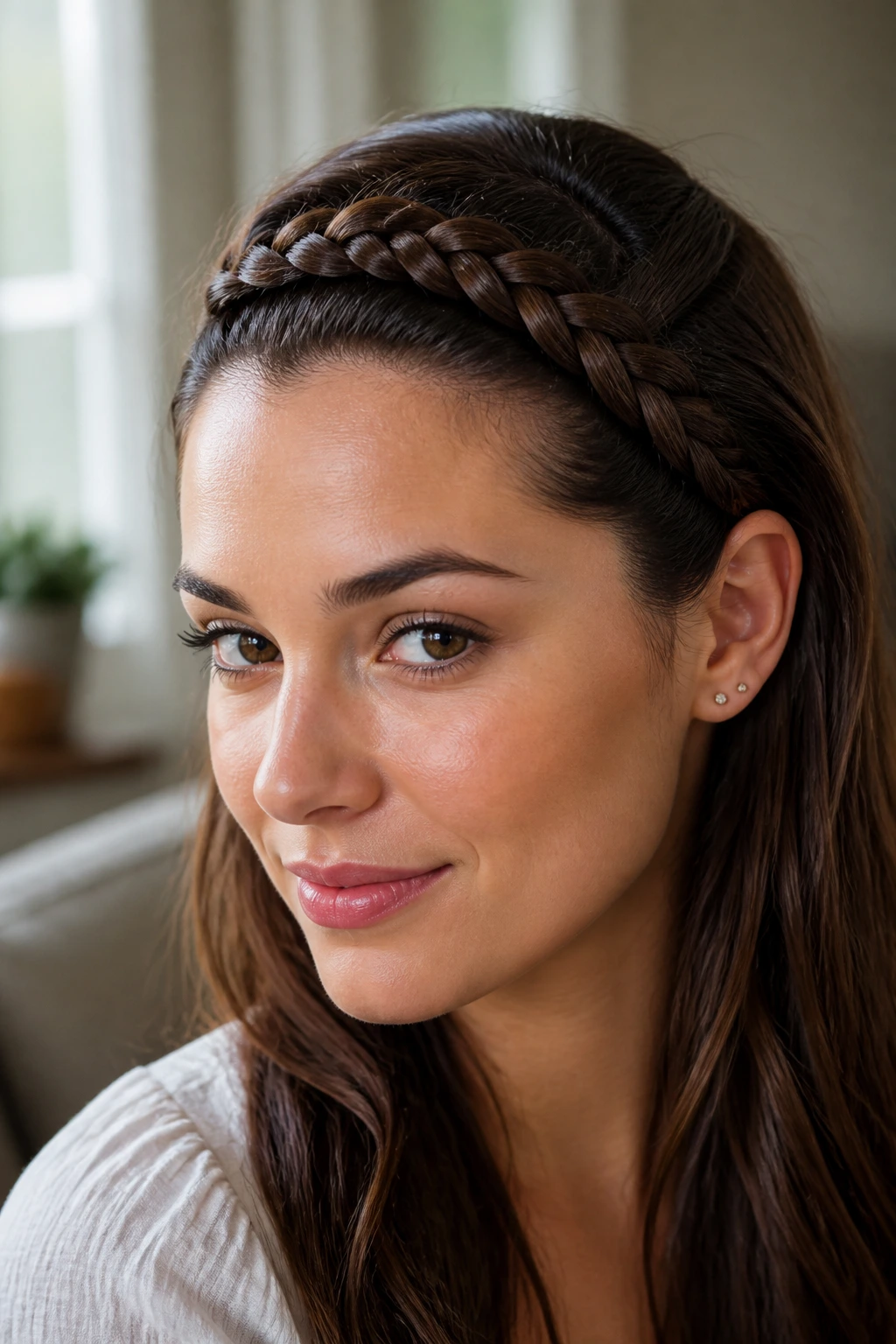 Close-up of a real woman wearing a French braid headband
